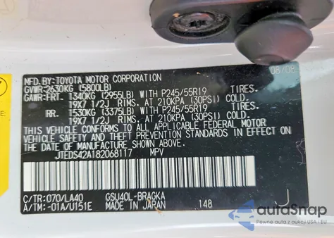 2008 Toyota Highlander Limited z USA, uszkodzony, nr VIN JTEDS42A182068117